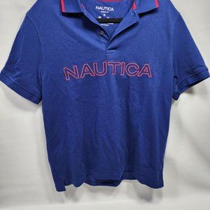 Nautica Performance Polo Shirt Blue Men's Sz Medium NWT Spell Out $64.50 Retail